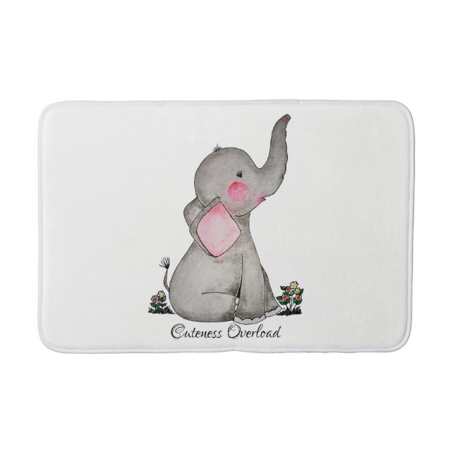 Watercolor Cute Baby Elephant With Blush & Flowers Bath Mat (Front)