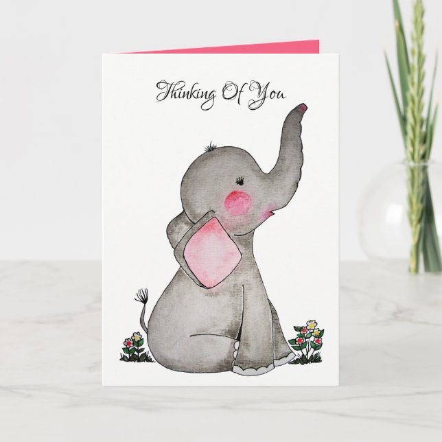 Watercolor Cute Baby Elephant With Blush & flowers Card (Front)