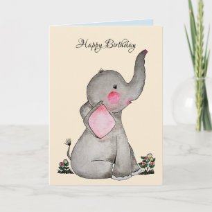 Watercolor Cute Baby Elephant With Blush & flowers Card