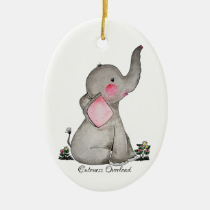 Watercolor Cute Baby Elephant With Blush & Flowers Ceramic Tree Decoration