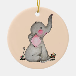 Watercolor Cute Baby Elephant With Blush & Flowers Ceramic Tree Decoration