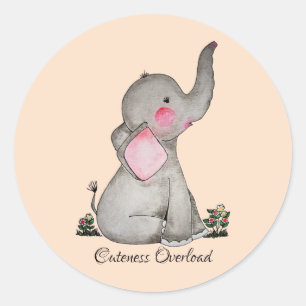Watercolor Cute Baby Elephant With Blush & Flowers Classic Round Sticker