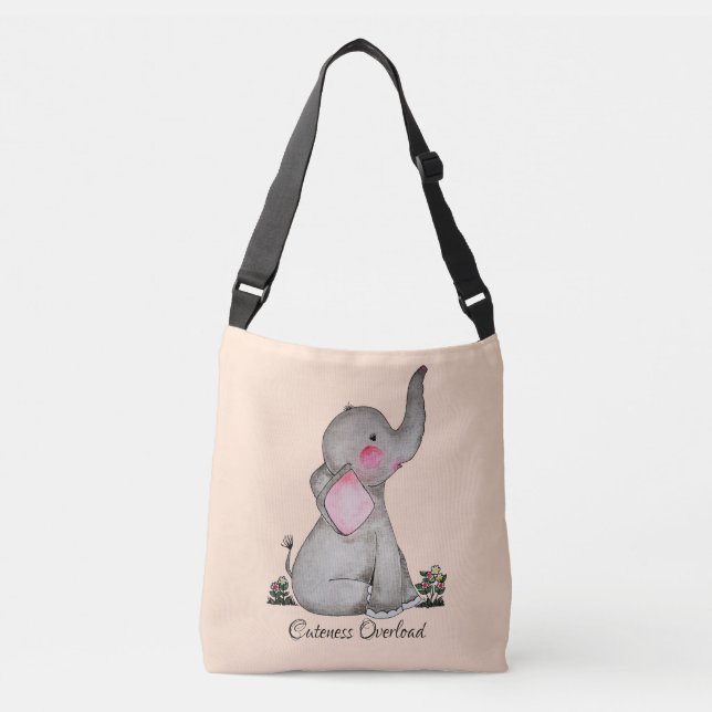 Watercolor Cute Baby Elephant With Blush & Flowers Crossbody Bag (Front)