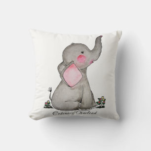 Watercolor Cute Baby Elephant With Blush & Flowers Cushion