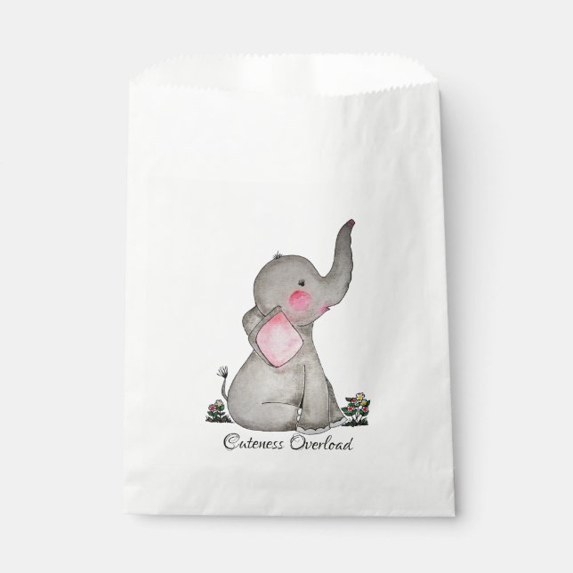 Watercolor Cute Baby Elephant With Blush & Flowers Favour Bags (Front)