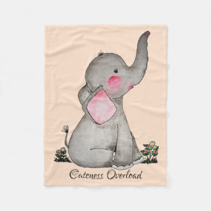 Watercolor Cute Baby Elephant With Blush & Flowers Fleece Blanket