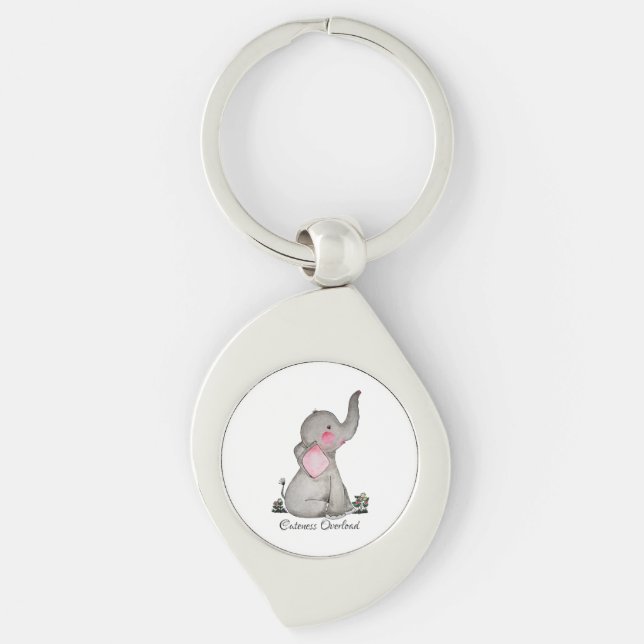 Watercolor Cute Baby Elephant With Blush & Flowers Key Ring (Front)
