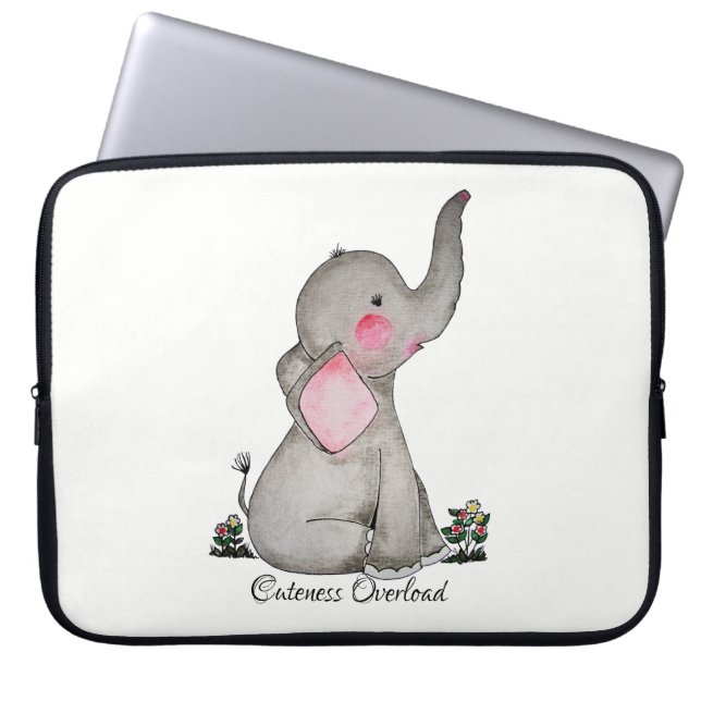 Watercolor Cute Baby Elephant With Blush & Flowers Laptop Sleeve (Front)
