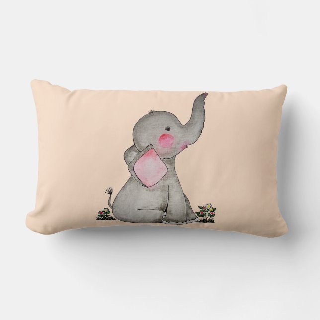 Watercolor Cute Baby Elephant With Blush & Flowers Lumbar Cushion (Front)