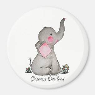 Watercolor Cute Baby Elephant With Blush & Flowers Magnet