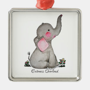 Watercolor Cute Baby Elephant With Blush & Flowers Metal Tree Decoration