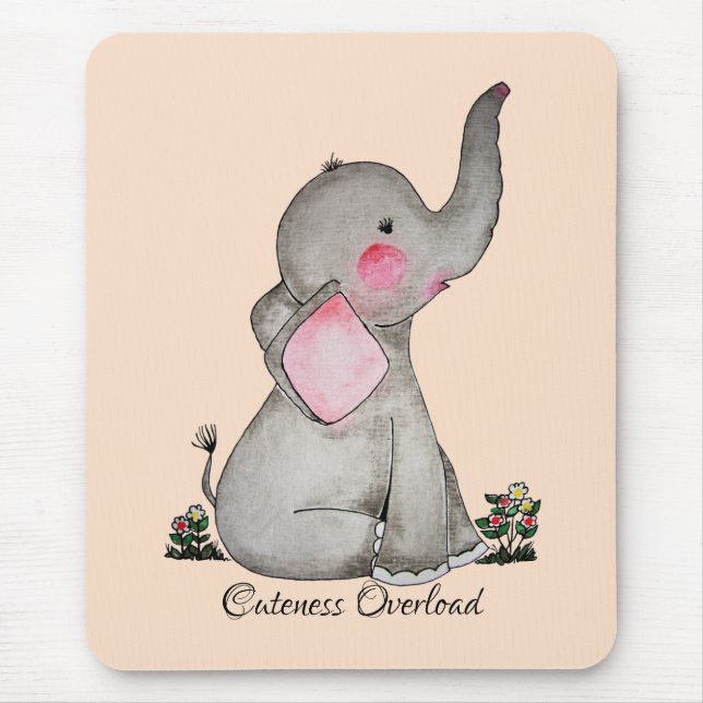 Watercolor Cute Baby Elephant With Blush & Flowers Mouse Mat (Front)