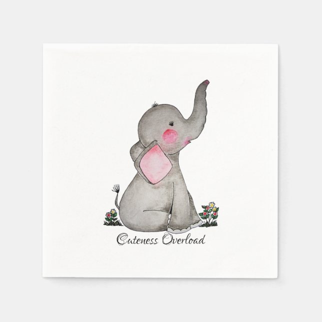 Watercolor Cute Baby Elephant With Blush & Flowers Napkin (Front)