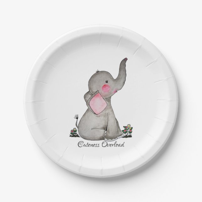 Watercolor Cute Baby Elephant With Blush & Flowers Paper Plate (Front)
