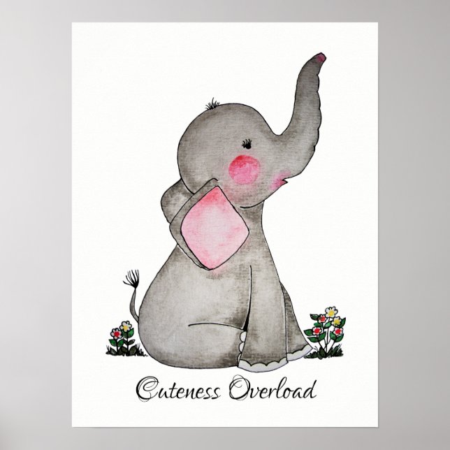 Watercolor Cute Baby Elephant With Blush & flowers Poster (Front)