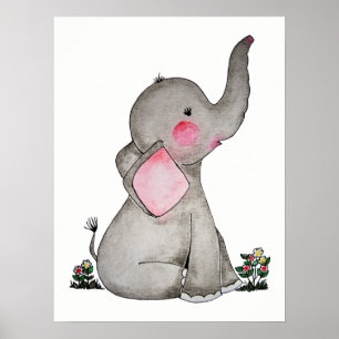 Watercolor Cute Baby Elephant With Blush & flowers Poster