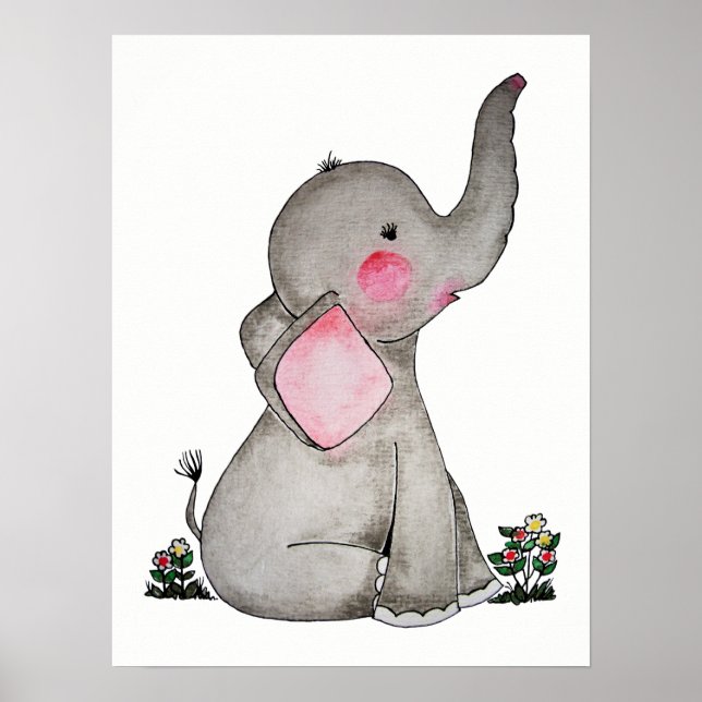 Watercolor Cute Baby Elephant With Blush & flowers Poster (Front)