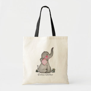 Watercolor Cute Baby Elephant With Blush & Flowers Tote Bag