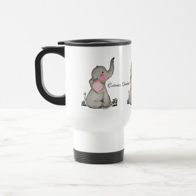 Watercolor Cute Baby Elephant With Blush & flowers Travel Mug (Left)