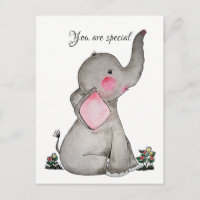 Watercolor Cute Baby Elephant With Tiny Flowers