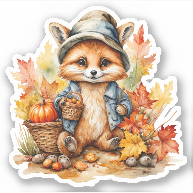 Watercolor Cute Baby Fox with Hat and Jacket Fall (Front)