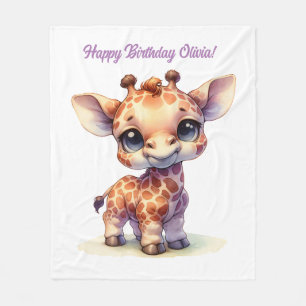 Watercolor cute baby giraffe fleece blanket