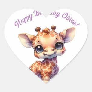 Watercolor cute baby giraffe heart sticker