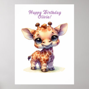 Watercolor cute baby giraffe poster