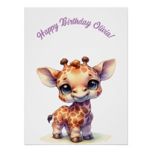 Watercolor cute baby giraffe poster