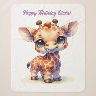 Watercolor cute baby giraffe sherpa blanket