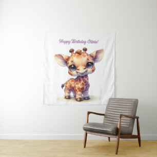 Watercolor cute baby giraffe tapestry