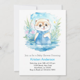 Watercolor Cute Baby Otter Boy Shower Invitation