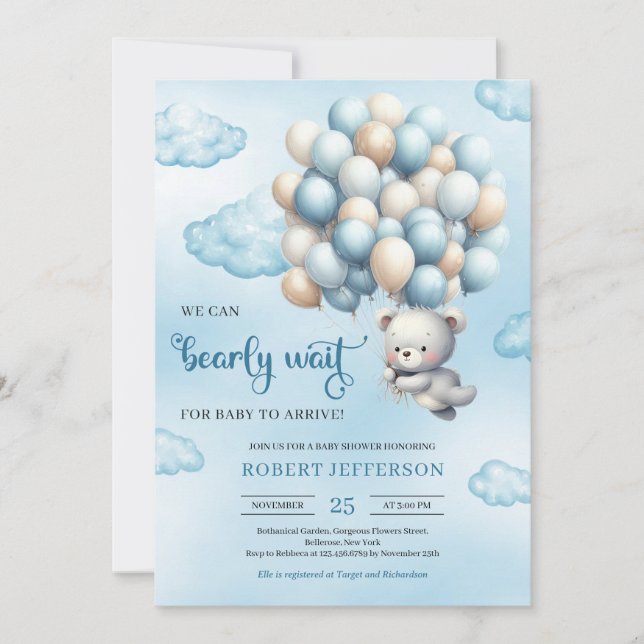 Watercolor cute baby teddy bear with balloons invitation (Front)