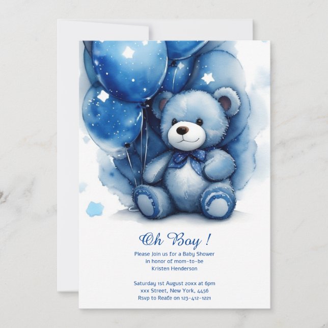 Watercolor Cute Bear Boy Baby Shower Invitation (Front)