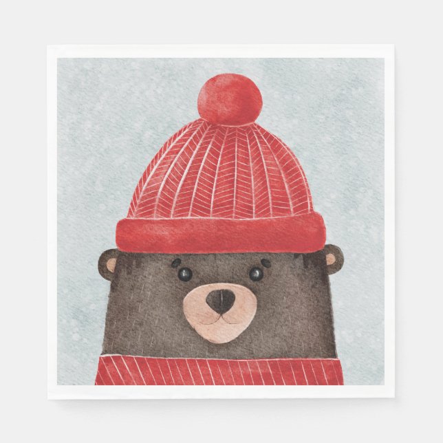 Watercolor cute bear. Christmas woodland animal Napkin (Front)