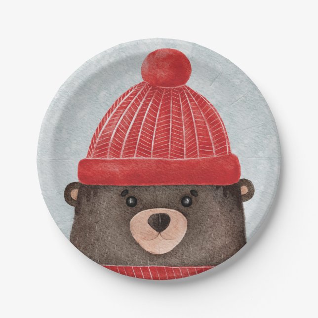 Watercolor cute bear. Christmas woodland animal  Paper Plate (Front)