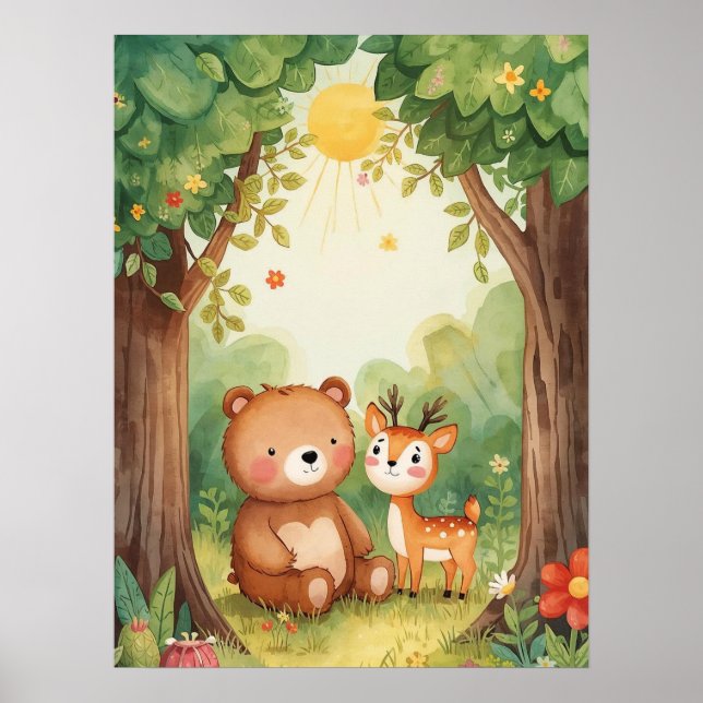 Watercolor Cute Bear & Deer Woodland Nursery Art Poster (Front)