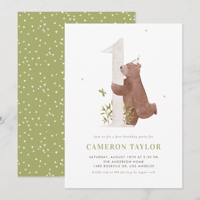 Watercolor Cute Bear Woodland First Birthday Party Invitation (Front/Back)