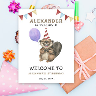 Watercolor Cute Beaver 1st Birthday Poster