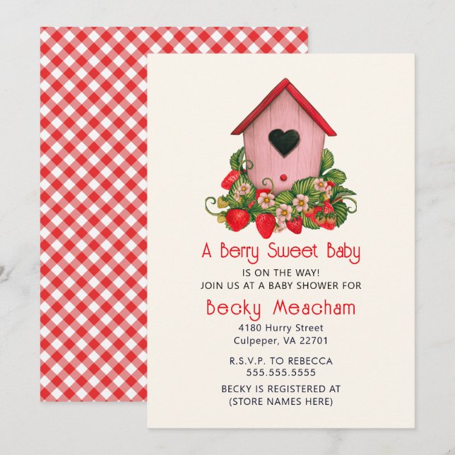 Watercolor Cute Birdhouse with Strawberries Invitation (Front/Back)