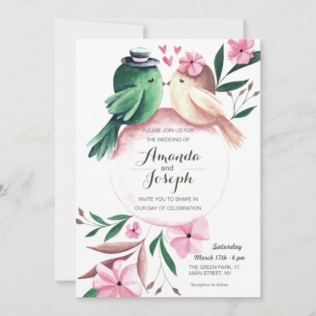 Watercolor Cute birds floral wedding invitation (Front)
