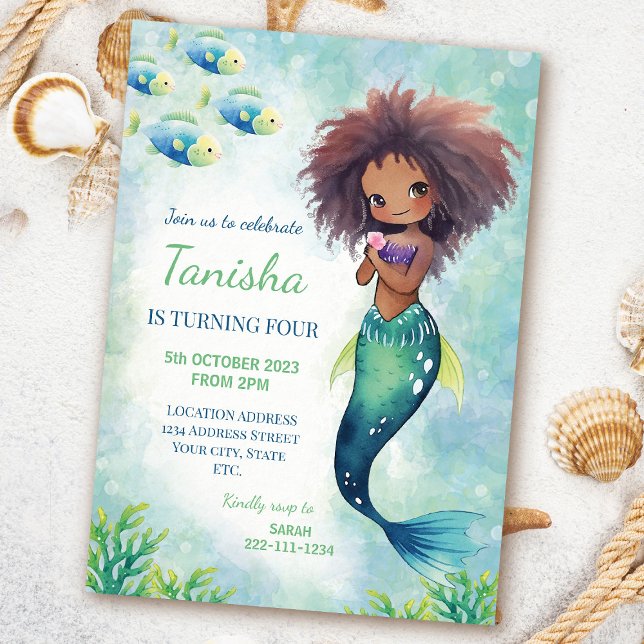 Watercolor Cute Black Mermaid Birthday Invitation (Creator Uploaded)