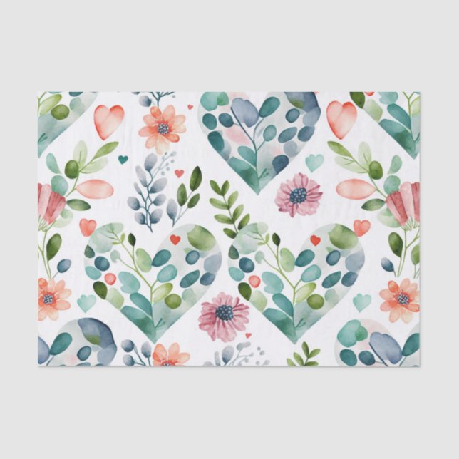 Watercolor cute blossom floral hearts pattern tissue paper (Front)