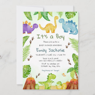 Watercolor Cute Boho Dinosaur Greenery Boy Baby  Invitation