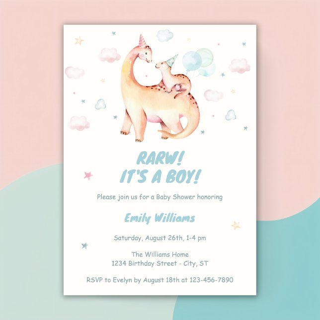 Watercolor Cute Boy Dinosaur Rawr Baby Shower Invitation (Creator Uploaded)