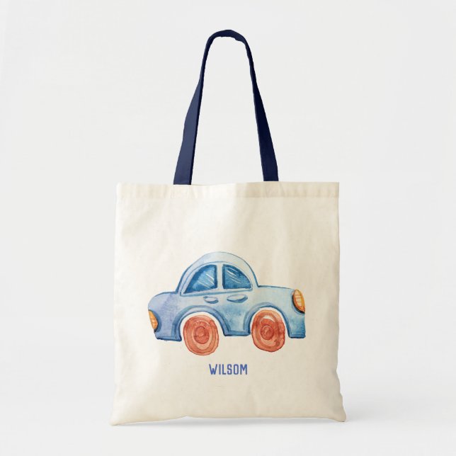  Watercolor Cute Boy's Car Tote Bag (Front)