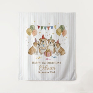 Watercolor Cute Brown Bulldogs Birthday Tapestry