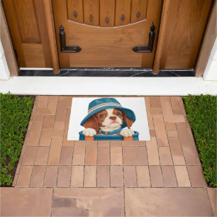 Watercolor Cute Brown White Dog Blue Hat Pet Doormat