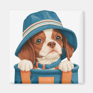 Watercolor Cute Brown White Dog Blue Hat Pet Magnet