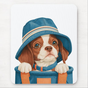 Watercolor Cute Brown White Dog Blue Hat Pet Mouse Mat